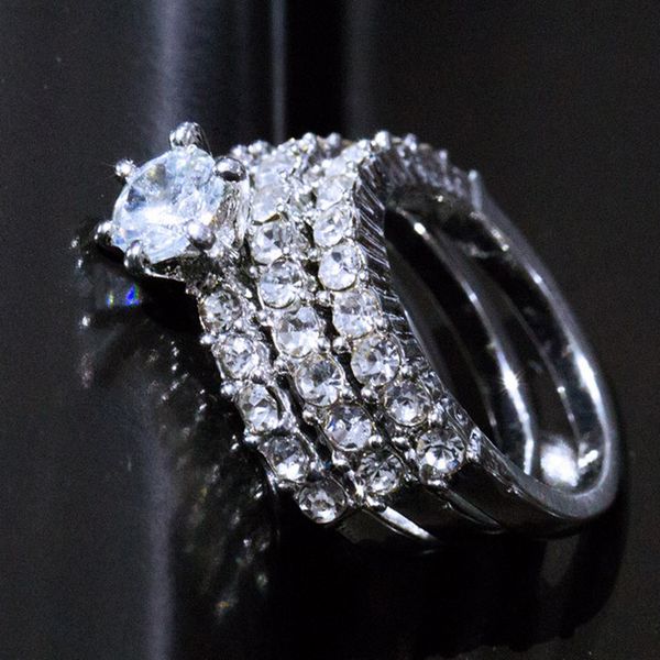 

rhinestone 3 layer ring women bling wedding engagement gift for lover girlfriend size 6 7 8 9 10, Silver