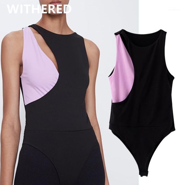 

withered 2020 ins fashion blogger color collision elastic bodysuit women rompers womens combinaison femme bodysuits women1, Black;white