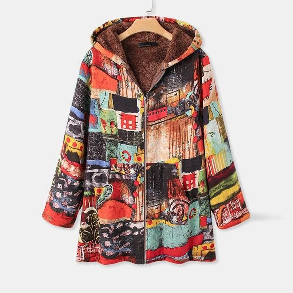 

women's fur & faux jaycosin coat women fashion retro printing splicing zipper plus size hoodie wool cardigan winter long sleeves coats, Black