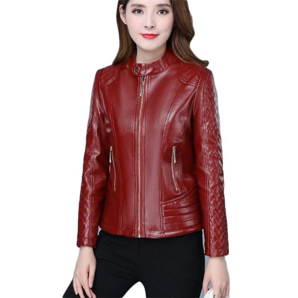 

women's leather & faux jacket women wine red -6xl plus size 2021 spring autumn short slim fashion black zipper long sleeve pu coat cx