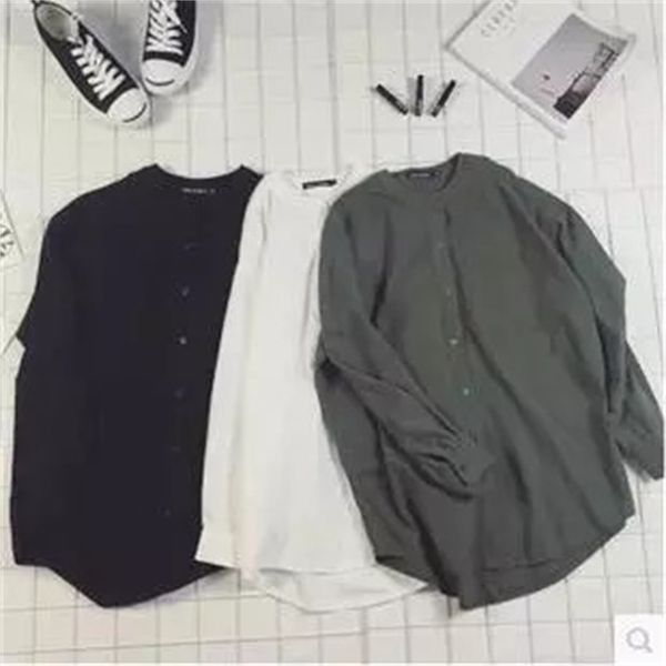 

literature and art stand collar simple solid color versatile cotton hemp youth loose early autumn men's trend long sleeve shirt, White;black