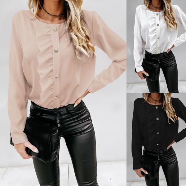 

2020 herbst winter mode rundhals langen ärmeln rüschen taste damen shirt frauen casual einfarbig round neck bluse femme blusas, White