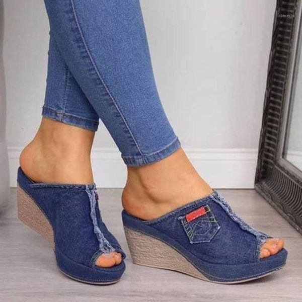 

2020 women sandals 3cm platform wedges women's shoes thick heel open toe sandals denim cloth summer style blue jeans shoes1, Black