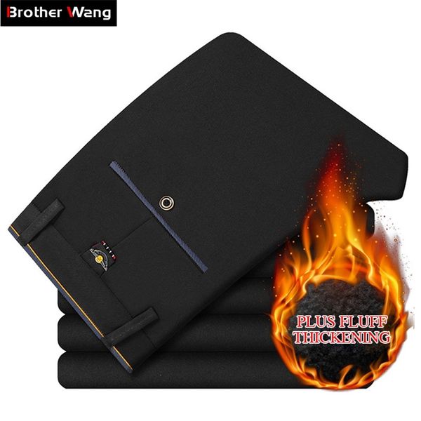 

winter men warm casual pants business fashion knitting elasticity slim thick trousers male brand clothes 201218, Black