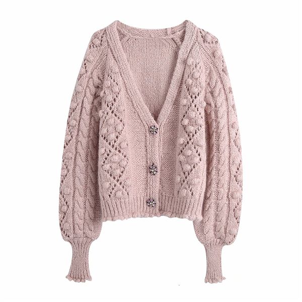 

2021 new streetwear women diamonds button sweater fashion ladies pink ball decoration knitted coats sweet female chic cardigans 9g1w, White;black