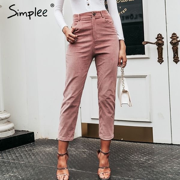 

simplee high waist streetwear women pants solid thin buttons female trousers zip ladies autumn winter work wear pencil pant y200114, Black;white