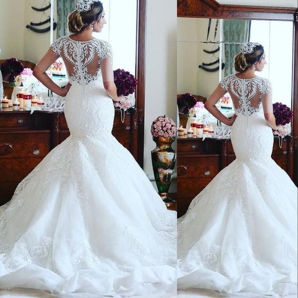 2022 moderni abiti da sposa a sirena africana mezze maniche illusione applicazioni di pizzo tulle abiti da sposa formali plus size vestido de novia