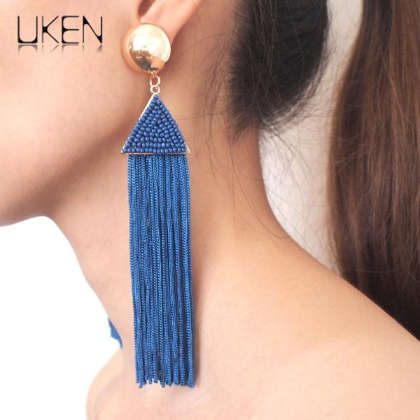 

bohemian triangular resin bead long tassels earrings big copper ball fringe statement dangle earrings women jewelry uken, Silver