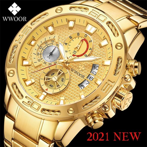 

wwoor 2021 new men's watches brand luxury gold stainless steel quartz dwarfproof water sport chronograph male, Slivery;brown