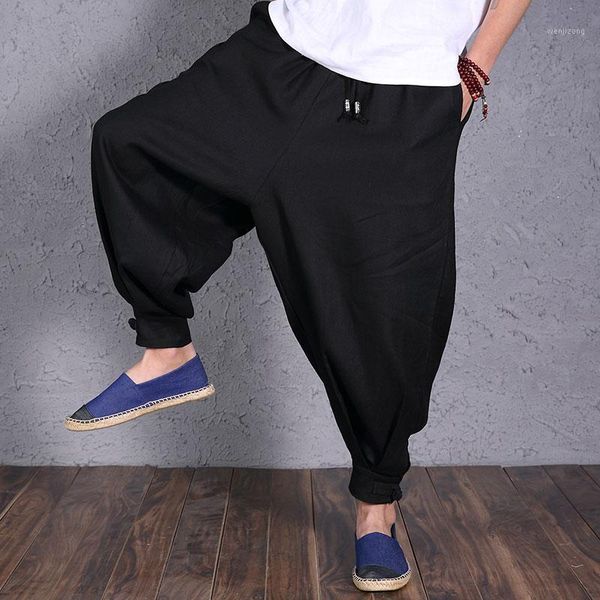 

new men's fashion cotton casual pants loose wide legs low crotch pants plus size haren trousers1, Black
