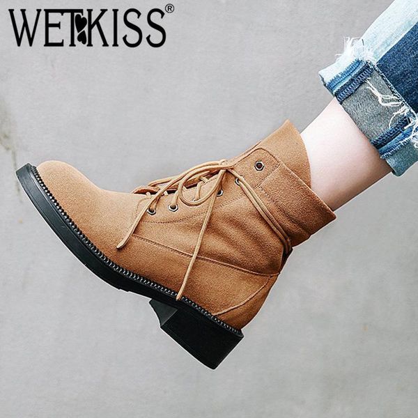 

boots wetkiss thick heels ankle women round toe lace up footwear motorcycle female bootie cow suede platform shoes 2021, Black