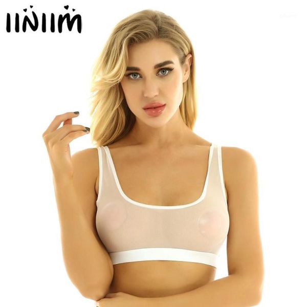 

iiniim womens lingerie camis bedtime see through mesh bralette bra deep u neck vest tank femme transparent crop 1, White