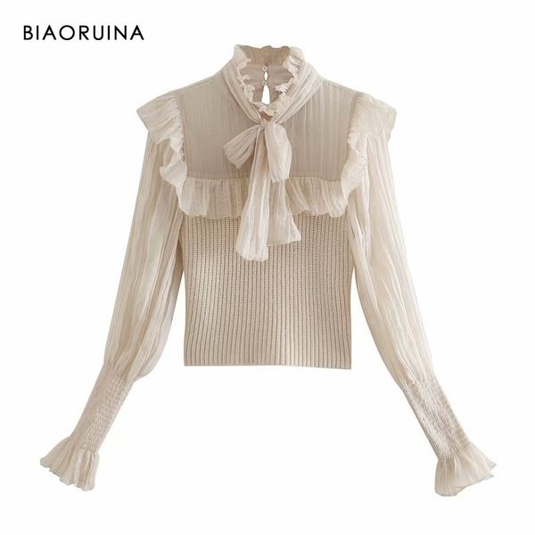 

biaoruina women's cascading ruffled sweet knitted pullover flare sleeve street style female patchwork elegant sweater 201111, White;black