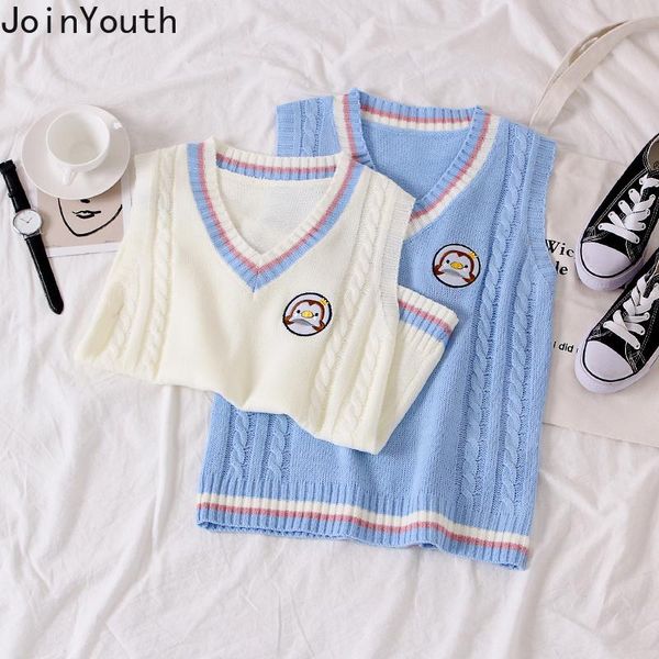 

joinyouth woman sweaters vest v-neck sleeveless embroidery knitted pullovers loose casual fashion waistcoat coat women, White;black