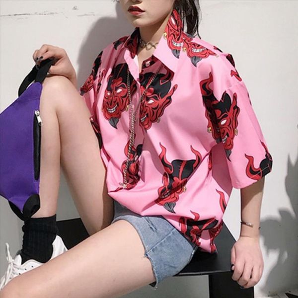 

collared shirt women pink gothic evil blouse short sleeve female ladies shirt summer clothing women girls shirts, White
