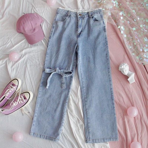 

vintage high waist jeans women denim pants korean casual harajuku streetwear kawaii lace bow straight leg trousers loose pants1, Black;white