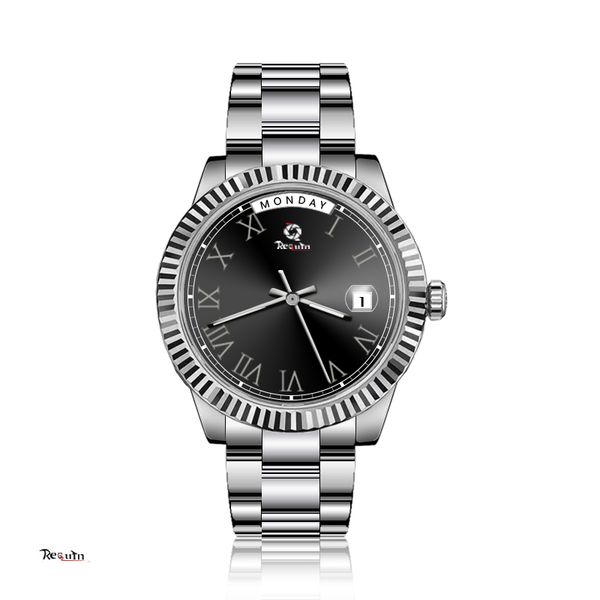 

men's automatic mechanical watch requin brand m228239-0005 silver white stainless steel case black date dial day date, Slivery;brown