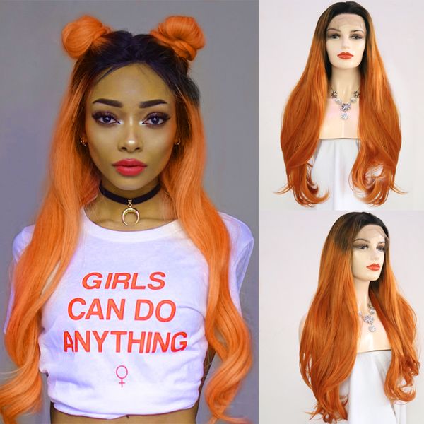 

charisma long body wave ombre wigs synthetic lace front wig high temperature hair wigs for women black roots cosplay wig, Black;brown