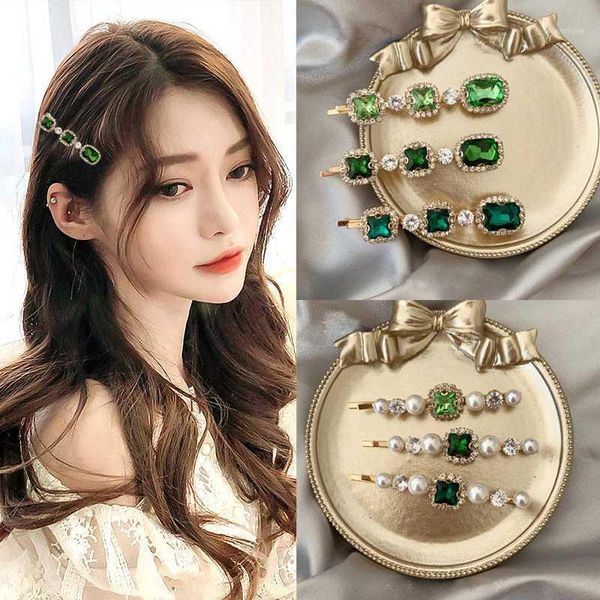 

pearl green crystal barrettes hair pins women girls trendy korean style hair clips headwear accessories hairpins jewelry1, Golden;white