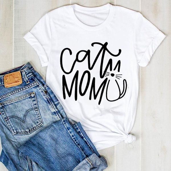 

women lady cartoon cat mom letters print cute fashion summer ladies t tee tshirt womens female shirt clothes graphic t-shirt, White