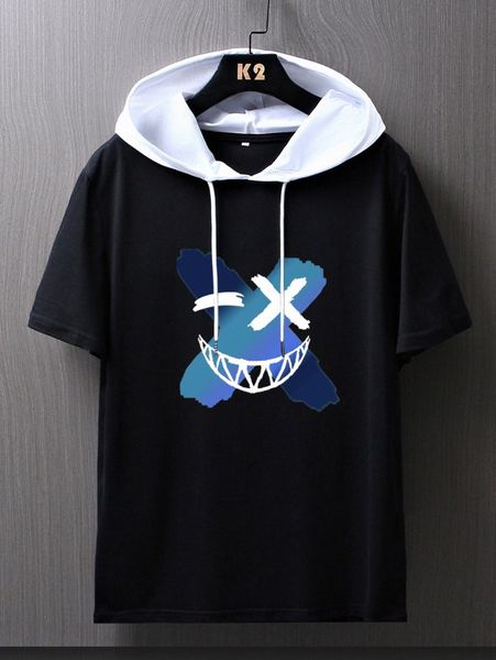 

men smile print drawstring hooded tee k32j#, White;black