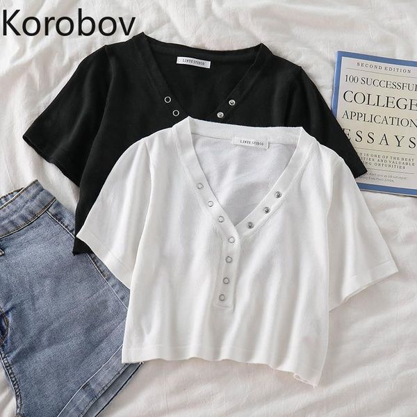 

korobov 2020 summer new fashion button v neck women knitwear korean solid short sleeve crop sweaters streetwear sueter mujer1, White;black