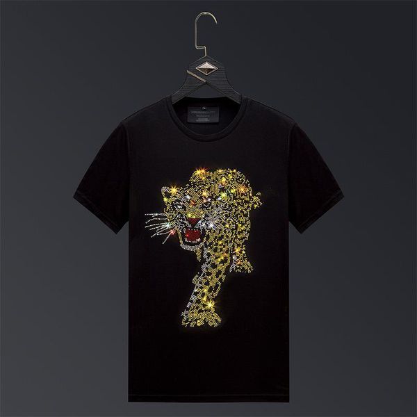 

black tshirts white male shirt male streetwear slim men short sleeve shirt diamonds rhinestone leopard panther plus size 6xl, White;black