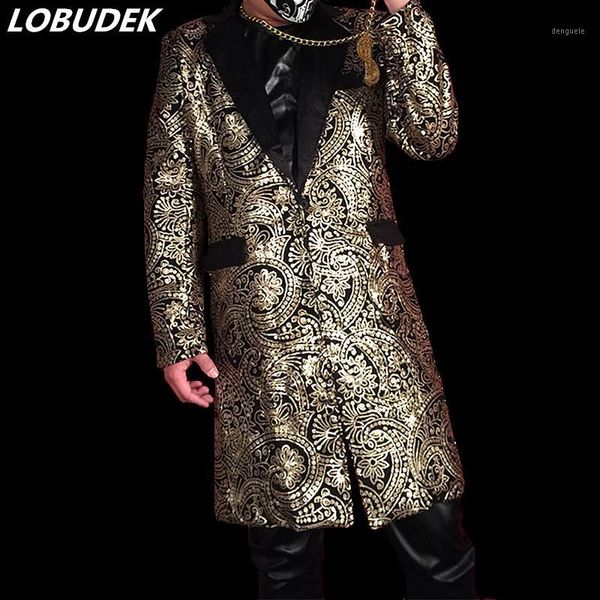 

customized men's gold sequins long blazers fashion slim coat tide male singer host stage performance clothes nightclub ds outfit1, White;black