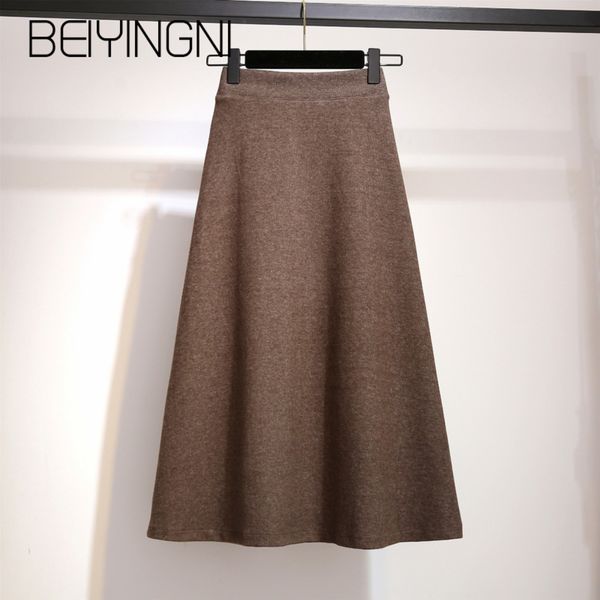 

beiyingni autumn knitted high waist skirt women large size vintage office lady faldas casual simple a-line skirts saia midi warm q1209, Black