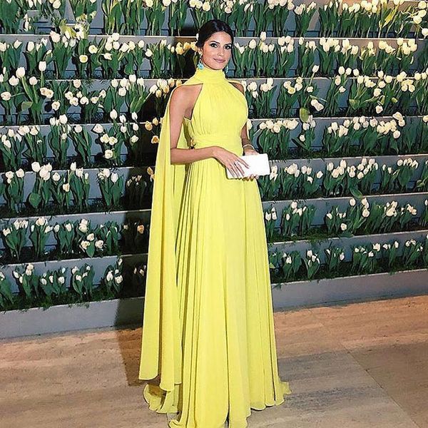 

2019 long yellow evening dresses sleeveless elegant chiffon formal party gowns vestidos de festa high neck caftan prom dresses1, White;black