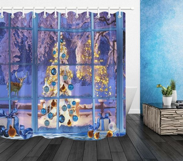 

100% polyester fabric window christmas tree shower curtain liner bathroom hooks1