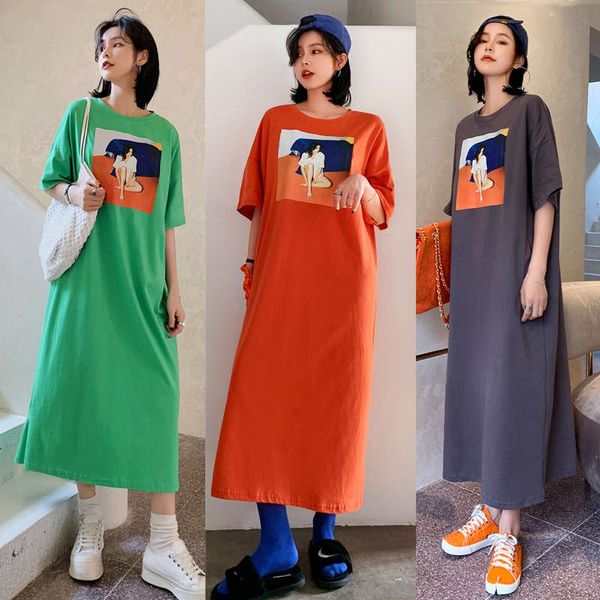 

ss2020 new / long large abstract style short sleeve dress, Black;gray