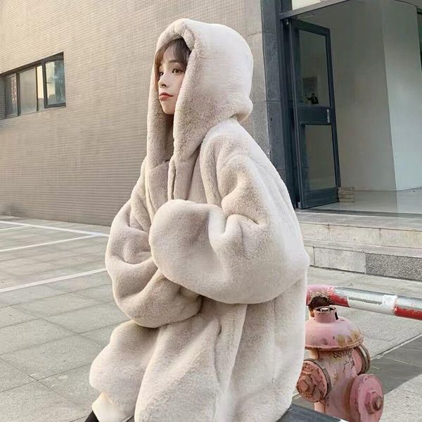

fashionable hooded faux fur coat korean rex mid-length loose reversible plush teddy women's winter jacket women zipper, Black