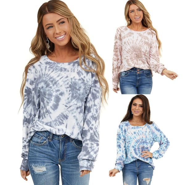 

2020 fall womens clothing new popular european and american pocket loose long-sleeved t-shirt tie-dyed bottoming shirt, White