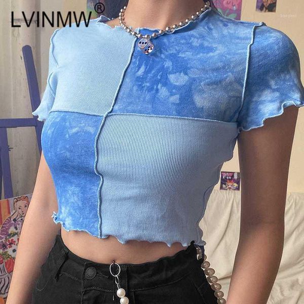 

lvinmw tie dye round neck short sleeve ruffles purple crop 2020 summer women patchwork slim basic tshirt street1, White