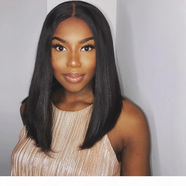 

premier affordable yaki straight bob hairstyle glueless lace front wigs indian remy human hair 130% density for american, Black;brown