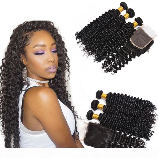 

100% unprocessed virgin peruvian human hair closures 3 bundles hair with 4x4 lace closure 3pcs deep wave wavy one lace closure, Black;brown