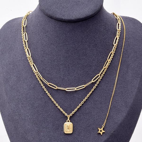 

fashion hip-hop style female short necklace double-layer pendant titanium steel five-pointed star tassel clavicle chain sale, Silver