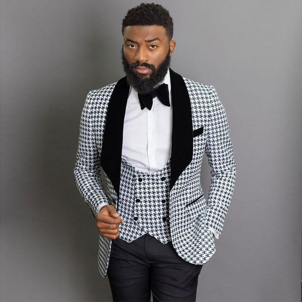 

black and white slim fit mens suit shawl lapel wedding tuxedos 3 pieces set groom wear swallow gird prom blazers with jackets vest and pants, Black;gray
