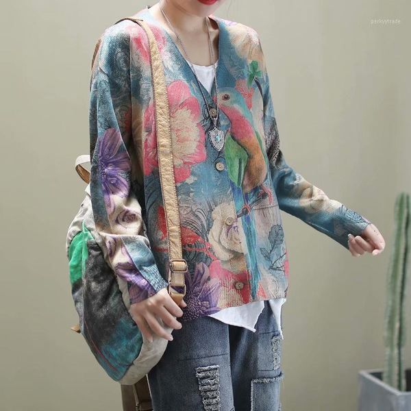 

women's knits & tees 2021 spring autumn sweater women retro loose cardigan all-match v-neck print knitting casual coat1, White