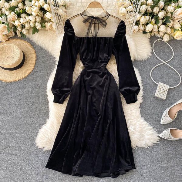 

casual dresses lady retro velvet a-line dress women autumn and winter fashion mesh splicing long sleeve slim black vestidos p956, Black;gray
