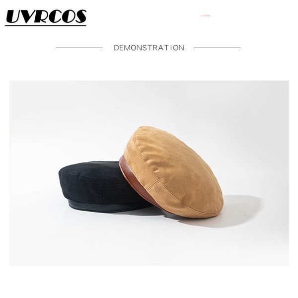

berets niche model of qiu dong deerskin flocking pure color female japanese pumpkin hat octagonal cap ins fashion restoring anci, Blue;gray