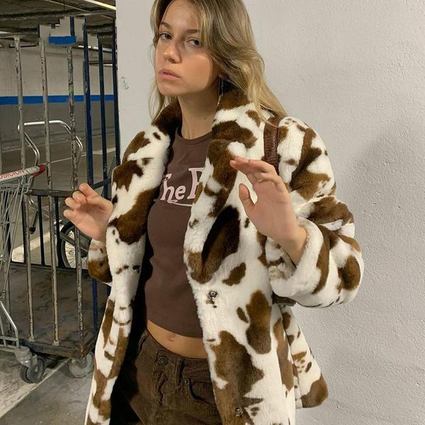 

autumn winter print faux fur coat women casual loose bear teddy jacket female fashion turn down collar overcoat, Black