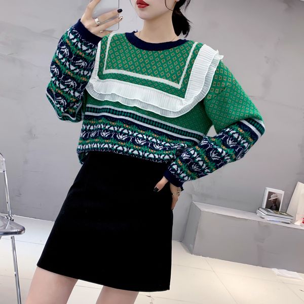 

2021 Women's Jersey Retro Autumn Lazying New Loose Slobber Mesh Pullovers Round Collar Argyle Long Sleeves Kint Green Christmas Top R059, White;black