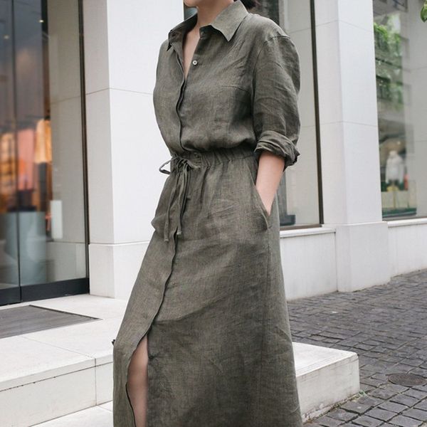 

lanmrem solid color lapel long sleeve drawstring cotton and linen loose woman dress casual fashion 2020 autumn dresses new lj201203, White;black