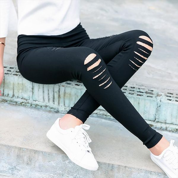 

2021 women leggings casual fashion skinny slim washed jeggings thin elastic holes legging pencil pants for women leggings, Black