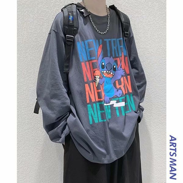 

long sleeve men's loose round neck sweater autumn coat korean trend base shirt t-shirt, White;black