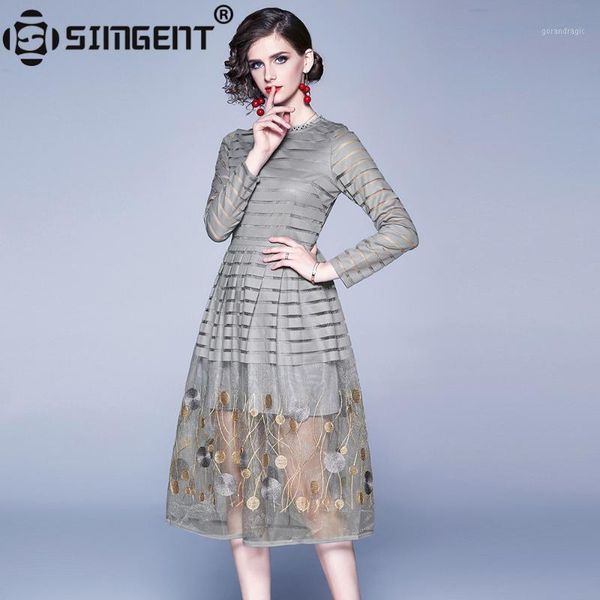 

simgent embroidery dress women fashion long sleeve o-neck patchwork stripe midi dress woman clothes vestidos sg9111251, Black;gray