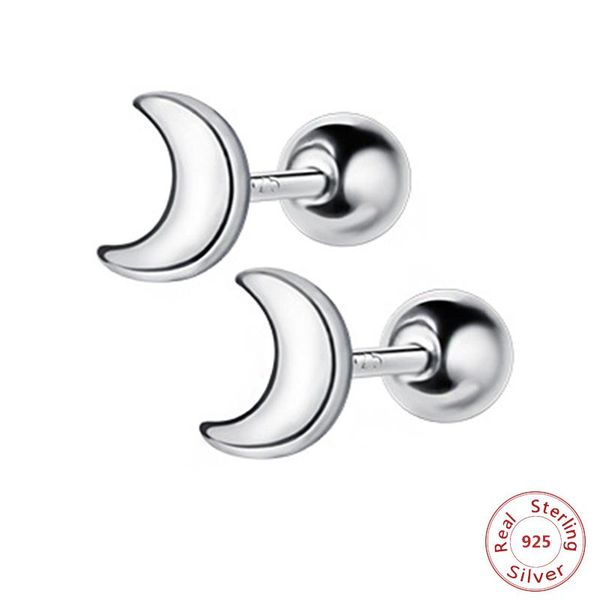 

stud real 925 sterling silver moon shape earrings for women girls small charms studs valentine's day gifts, Golden;silver