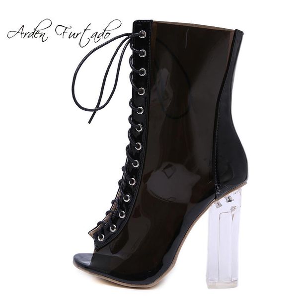 

boots arden furtado summer 2021 fashion women's shoes cool cross tied chunky heels peep toe crystal ankle, Black